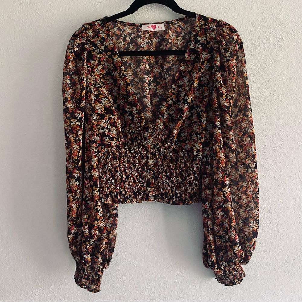 Buddy Love smocked floral long sleeve cropped blouse